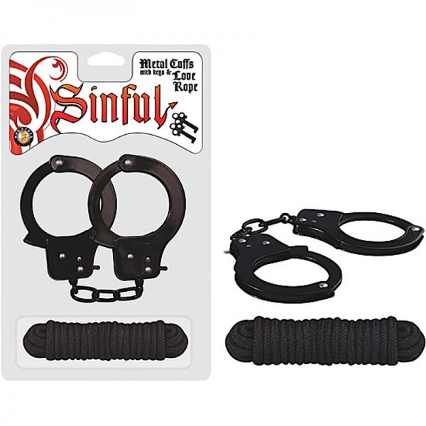 Sinful Metal Cuffs W/keys & Love Rope Black
