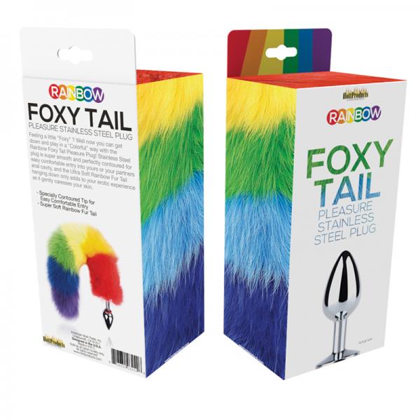 Rainbow Foxy Tail  Fur Tail With Stainless Steel Butt Plug